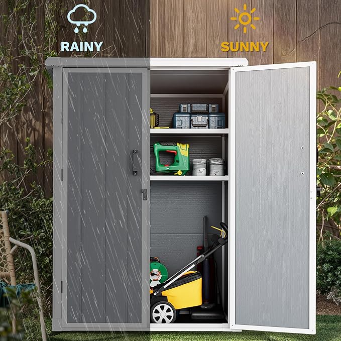 DWVO 5X3FT Outdoor Vertical Storage Shed with 2 Shelves, 60 Cu Ft Waterproof Resin Garden Shed with Floor & Lockable Door, Plastic Tall Tool Cabinet for Garbage Can, Lawn Garden Supplies, Gray
