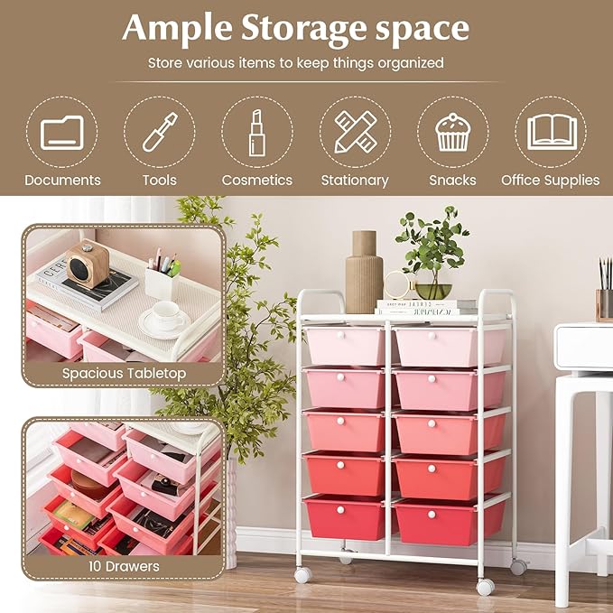 RELAX4LIFE Rolling Storage Cart with 10 Drawers - Craft Storage Cart with Lockable Wheels,Utility Cart, Art Cart Organizer for Crafting Storage, Studio, Office, Home, School Rolling Drawer Cart