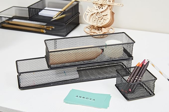 Annova Mesh Stackable Drawer Cabinet and Shelf Organizer Bins Storage Basket School Office Supply Holder Tray- Set of 2 (Black, 3x12x2 Inch)
