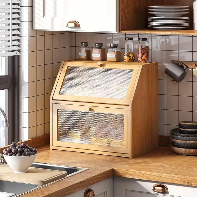 Bread Box for Kitchen Countertop Bin Double Layer Bread Box Storage Container Extra Large Capacity with Diamond Pattern Windows (Natural, Extra Large)