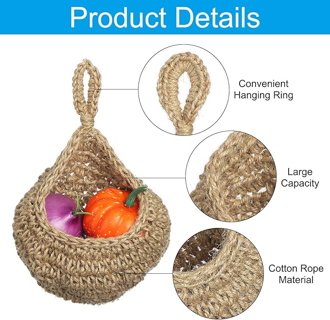PATIKIL Hanging Fruit Baskets for Kitchen, Medium Size Teardrop Home Decor Storage Hand-Woven Wall Hanging Basket for Garlic Potato Vegetable, Brown