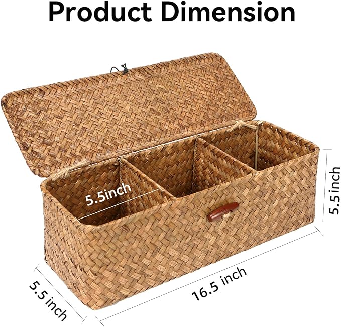Seagrass Tank Basket with Lid with Rectangular Small Shelf Baskets Bin, Toilet Paper Basket with 3 Sections for Organize,Home Organizer Bin for Shelves Bathroom Closets Kitchen