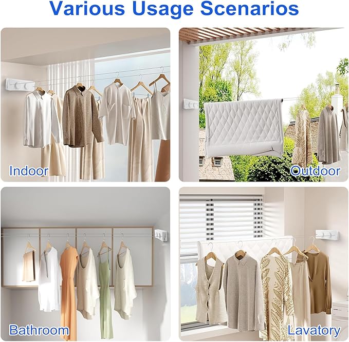 17Ft Retractable Clothesline Indoor/Outdoor, Comes with 30 clothespins, Anti-Sag for Drying Clothes line retracting Indoor/Outdoor, Dual-Line with Each Line 17Ft Long Laundry line Retractable