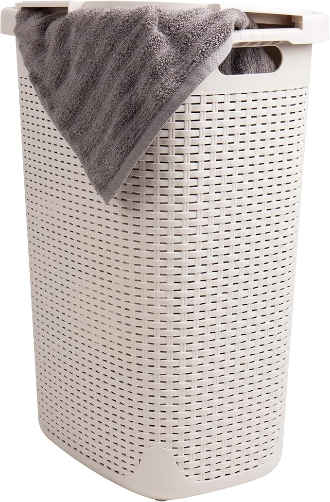 Mind Reader Slim Laundry Hamper with Lid, 60L Tall Clothes Basket, Narrow Tapered Design for Bathrooms, Closets and Laundry Rooms, Plastic, 2 Pack, Ivory