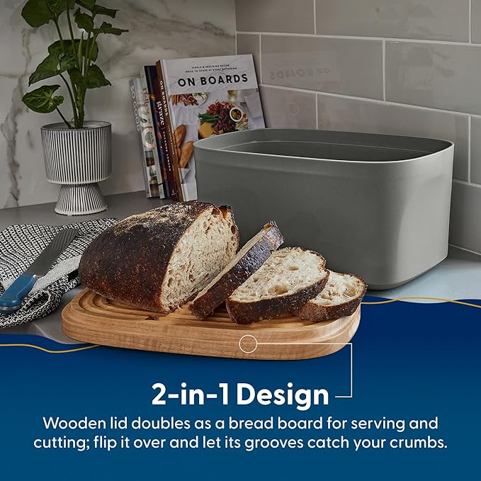 Sonder Los Angeles Union Large Bread Box | Fits Full Sourdough Loaves and More | Breadbox with Cutting Board | Homemade Bread Bin Storage Container | 14.25x9.25x7 in | Charcoal