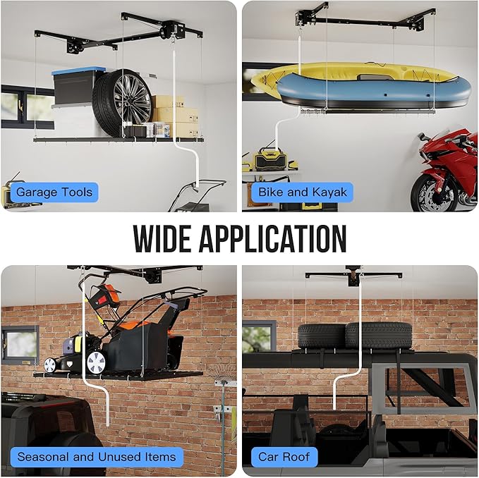 Overhead Garage Storage Rack Lift, 4x4 ft Ceiling Mounted Storage Racks, 79" Max Adjustable Height, 350lbs Weight Capacity, Heavy-Duty Metal Ceiling Rack for Organization