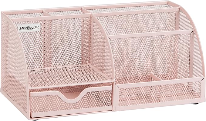 Mind Reader 7-Compartment Desktop Organizer, File & Accessory Storage, Metal Mesh Office Organizer for Desk, Workspace, Mail, Pink