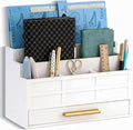 white Wood Desk Organizer and Accessories with Drawer, Bill Mail Organizer and File Mail Holder for Office Supplies, Rustic Desk Accessories & Workspace Organizers for Desk Organization