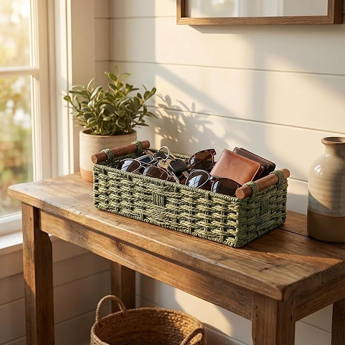 Back of Toilet Basket with Wood Handles, Green Wicker Toilet Paper Basket for Toilet Tank Top, Narrow Toilet Tank Basket, Bathroom Basket Organizer for Wipes & Essentials