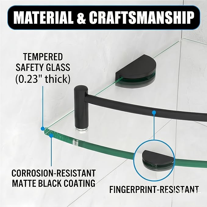 Glass Corner Shelf for Bathroom Corner Shelf, 3 Pack Tempered Glass Shelf with Electroplating Black Metal Rails，Suitable for Bathroom