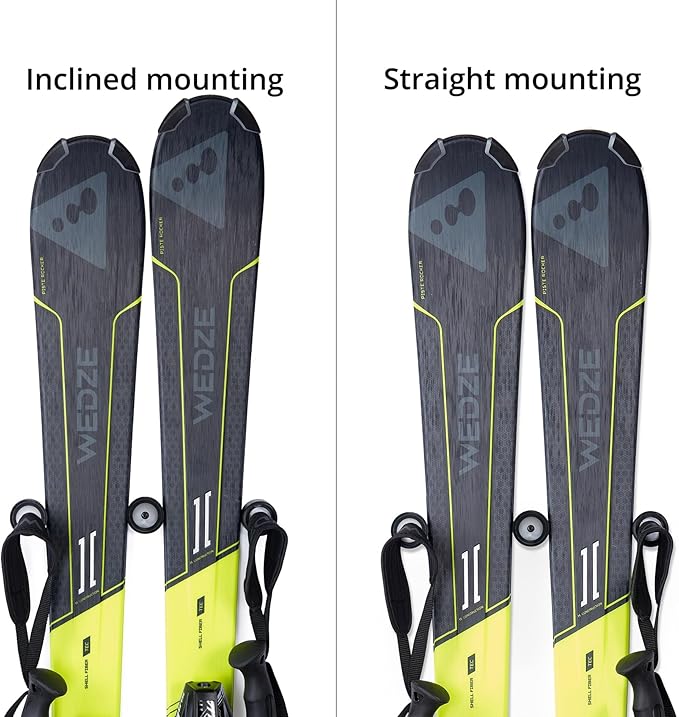 Ski Wall Mount Hanger – Edge-Safe Skis Storage, Modern Floating Vertical Rack, Clip Hook Gravity Grip Holder to Securely Store, Hang & Display for Skiing, Gear Organizer