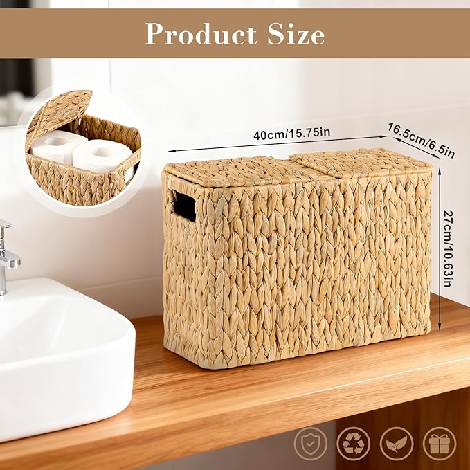 Toilet Paper Storage Basket with Lid, Water Hyacinth Toilet Paper Holder, Wicker Organizer Basket for 6 Mega Rolls, Decor Storage for Home, Bathroom, Living Room