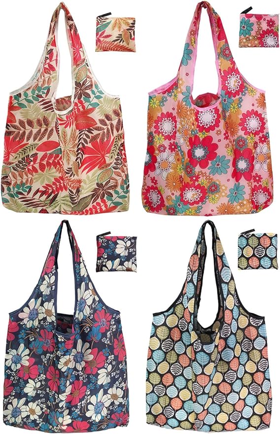 Cute Reusable Grocery Bags, 4 Pack (50Lbs Capacity) - Foldable & Washable Market Totes, Bulk Cloth Bags for Shopping, Travel, Storage, or as Reusable Gift Bags for Women
