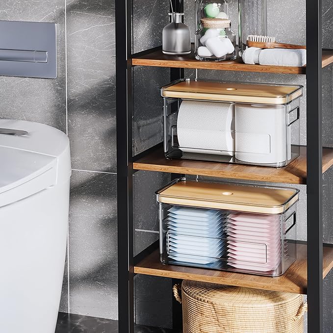 Acrylic Trash Bag Organizer Holder Garbage Bag Dispenser Multi Purposes Clear Organizers and Storage with Bamboo Lid, Tissue Paper Organizer Plastic Toilet Paper Storage