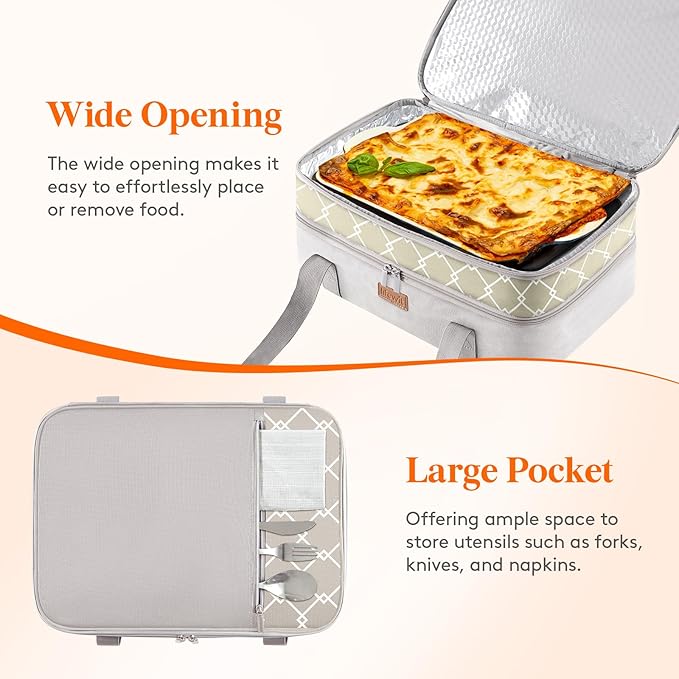 Lifewit Insulated Double Decker Casserole Carrier, Lasagna Lugger Holder for Hot or Cold Food, Fits 9" x 13" Baking Dish, Thermal Lunch Tote Bag for Potluck Parties, Picnic and Cookouts, Grey
