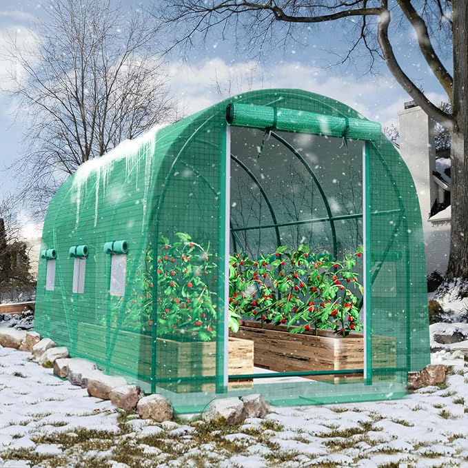 Grezone Walk-in Greenhouse Upgraded Green House with Zippered Screen Doors & 6 Screen Windows Heavy Duty Plastic Plant Warm House with Reinforced Frame (12x7x7 FT)