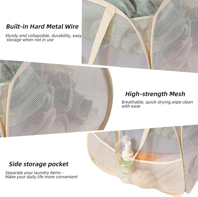 Collapsible Laundry Basket 90L, Foldable Mesh Pop-up Laundry Hamper with Handles, Dirty Clothes Hamper for Laundry with Side Storage Pocket(Beige, 2PCS)