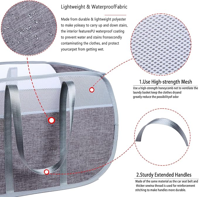 Pop-Up Laundry Basket，collapsible Mesh Laundry Hamper– With Extended Shoulder Straps, Sturdy Handles, and Premium Cationic Fabric (gray)…