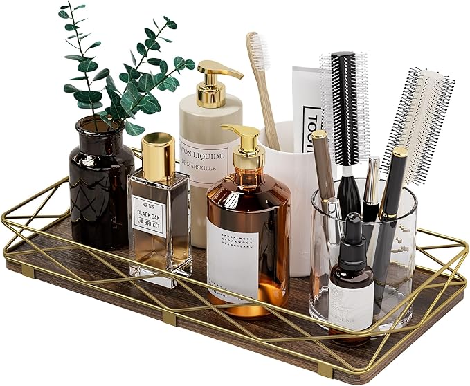 Toilet Paper Basket Holder, 13" Toilet Tank Tray, Wood and Metal Toilet Tray Vanity Organizer Bathroom Tray, Kitchen Sink Organizer for Soap Dispenser (Brown+Gold)