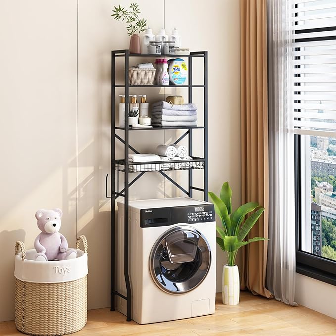 Over The Toilet Storage Shelf, 4-Tier Bathroom Organizers and Storage Rack with Adjustable Height, Freestanding Above Toilet Shelves for Bathroom & Laundry, Space Saver, Black