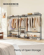 SONGMICS Portable Closet Wardrobe, Heavy-Duty Clothes Rack, Freestanding Clothing Rack with 10 Shelves, 3 Hanging Rods, 4 S‑Hooks, Metal Frame, for Bedroom, Entryway, Living Room, Black ULGR011BZ03S