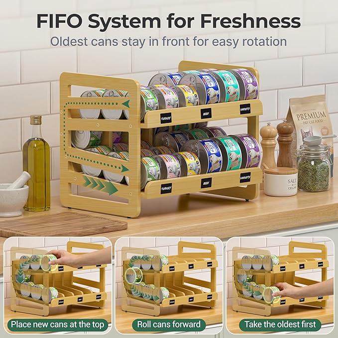 Cat Food Can Organizer for 3 oz & 5.5 oz Wet Cat Food Cans, Wooden FIFO Can Dispenser for Pantry or Feeding Station, Includes Dry-Erase Labels, Marker & Anti-Slip Pads