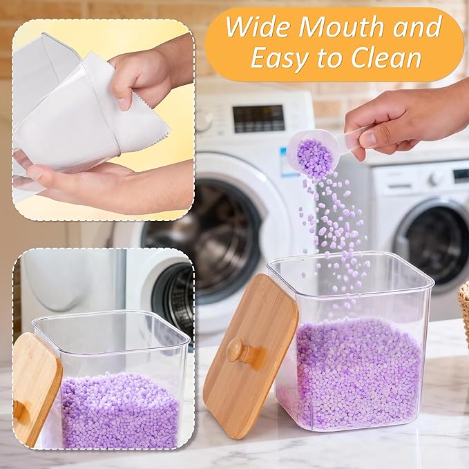 efluky 3 Pack Laundry Pods Container & Dryer Sheet Holder Set, Clear Laundry Room Organization Containers with Bamboo Lids and Labels, Detergent Pods Storage for Scent Booster, Powder