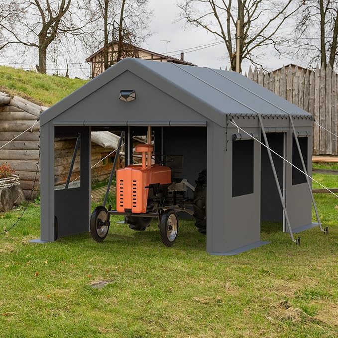 Carports Canopy Heavy Duty, Portable Garage with Sidewalls and Side Doors (10x16, Grey)