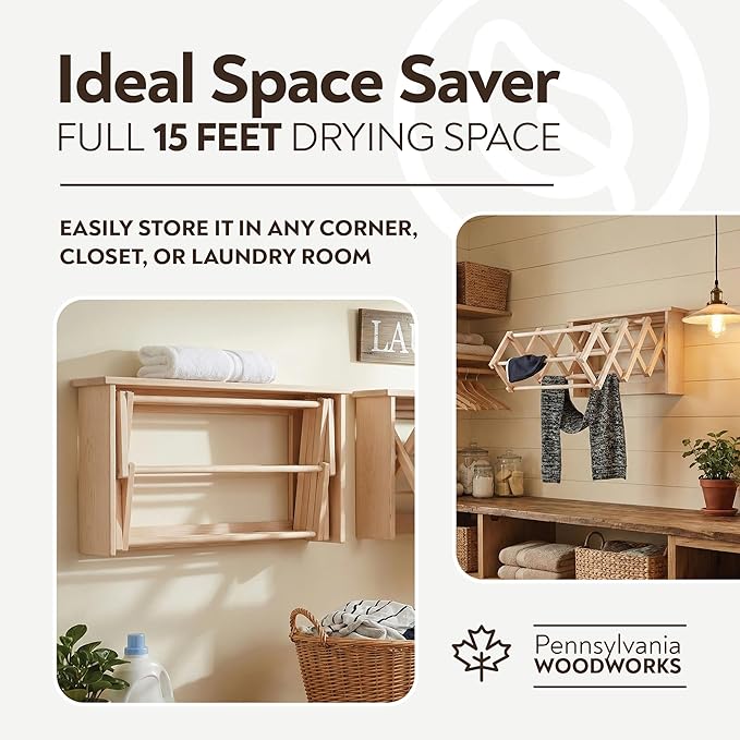 Pennsylvania Woodworks Large Wall Clothes Drying Rack ~ Heavy Duty Solid Maple Hardwood, Folding, Collapses to 25" x 20" x 8", Hand Built in USA, Unfinished