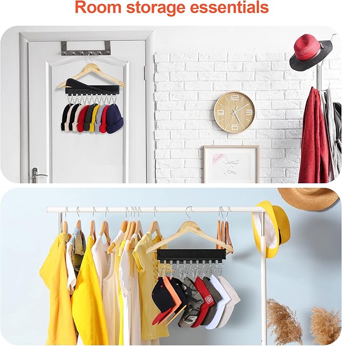 Hat Organizer Holder for Hanger & Room Closet, 1Pack Hat Rack Storage Clips, for Hang Baseball Hats Rack, Ball Caps, Winter Beanie & Accessories, Not Including Hangers & Hats (1PC Black)