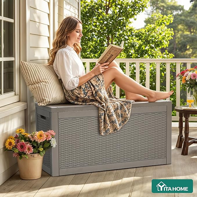 YITAHOME 60 Gallon Outdoor Storage Box, Large Water Resistant Resin Deck Box, Indoor Outdoor Lockable Rattan Storage Container for Patio, Garden, Cushions, Tools, Equipment (Taupe)