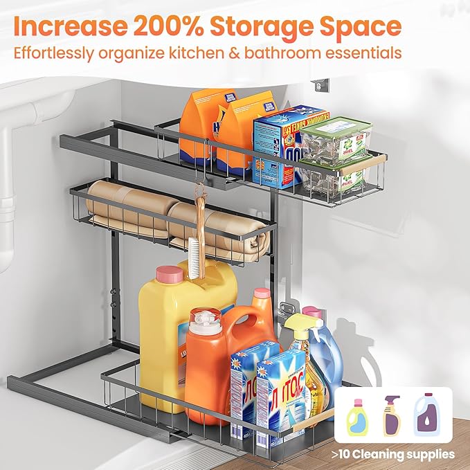 Under Sink Organizer and Storage for Bathroom and Kitchen - 2 Pack 3 Tier Under Cabinet Pull Out Shelf Organizers - Slide Out Drawer Organization for Home Cabinets Shelves and Drawers