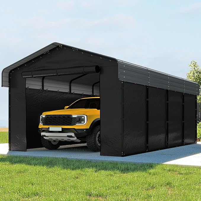 12x20FT Heavy Duty Metal Carport, Outdoor Carport with Galvanized Steel Frame and Roof, Multi-Use Car Garage Shelter with Removable Sidewalls, Enclosed for Cars, Pickup, Tractors, Tools, Gray