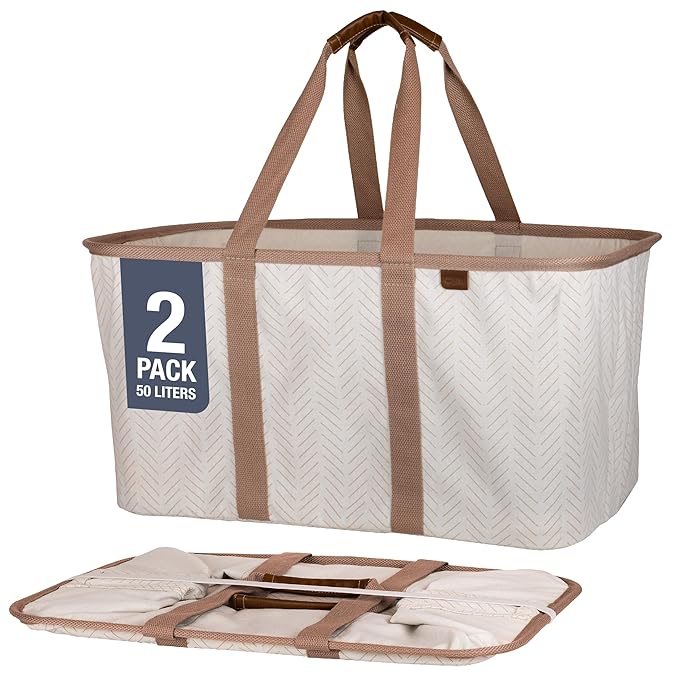 CleverMade Collapsible Laundry Tote 2-Pack (50L) – Foldable Carry-All Storage Bin for Laundry, Car Trunk, RV, Dorm & Home Organization – LUXE Cotton Blend with Vegan Leather Accents, Cream