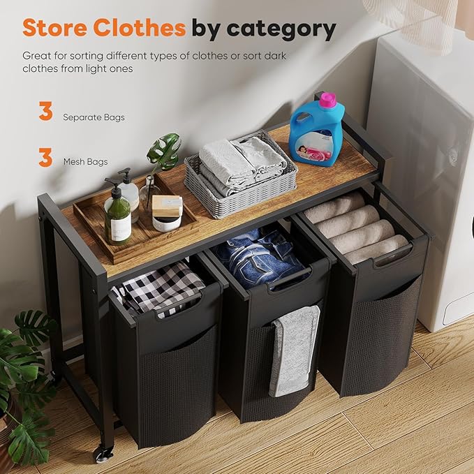 NEWBULIG Rolling Laundry Hamper with Removable Pull-Out Bag, Freestanding Clothes Basket Organizer with Wheels for Bathroom & Bedroom, 3 × 10.8 Gal (123L) - Rustic Brown & Black