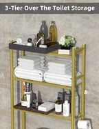 3-Tier Over The Toilet Storage, Freestanding Metal Bathroom Shelves with 4 Hooks, Over Toilet Storage Shelf with Paper Holder, Above The Toilet Shelf for Bathroom Storage, Gold