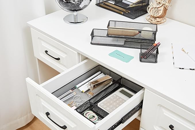 Annova Mesh Stackable Drawer Cabinet and Shelf Organizer Bins Storage Basket School Office Supply Holder Tray- Set of 2 (Black, 3x3x2 Inch)