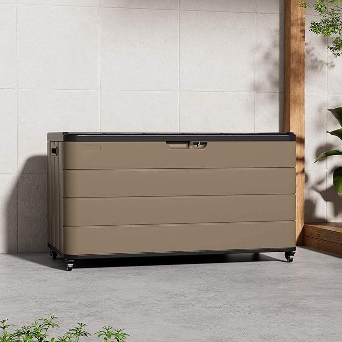 110 Gallon Deck Box Waterproof with Wheels - Mobile Double-Wall Resin Outdoor Storage Box for Patio, Pool, & Garden - Lockable Deck Storage for Cushions, Pool Floats, Boat Slip (Brown)