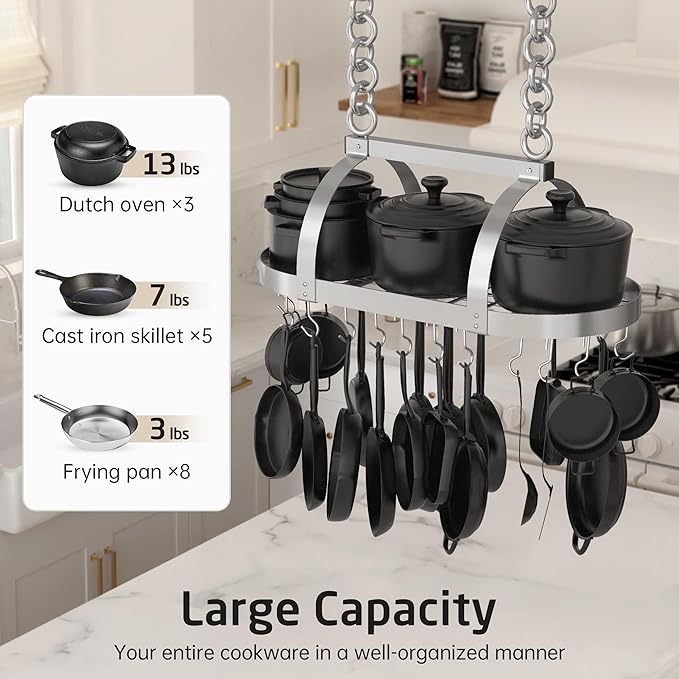 KES 34 Inch Heavy Duty Chrome Hanging Pot Rack Ceiling Mount, Oval Pot and Pan Hanging Rack, Pan Hanger for Kitchen Storage Organizer with 20 S Hooks (For 16" and 24" Ceiling Joist), KUR221S85-CH