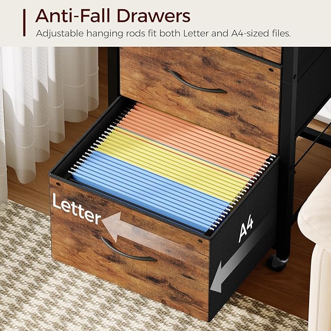 3 Drawer File Cabinet, Vertical Filing Cabinet with Wheels, Printer Stand with Non-Woven Fabric Drawer, Adjustable Hanging Rods, fits A4/Letter Size, for Home Office, Rustic Brown FCHR5901
