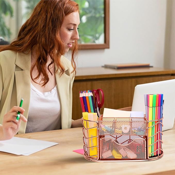 Desk Organizer, Pen Holder for Desk, Metal Pencil Caddy Storage for Desktop Office Supplies (Rose Gold)