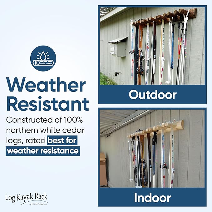 14-Place Log Ski Rack Wall Mount, Indoor Ski Storage Rack for Garage Organizers, Wooden Skis Wall Mount Storage Racks, Pole Skis Sports Racks, Garage Organization Walls - Natural
