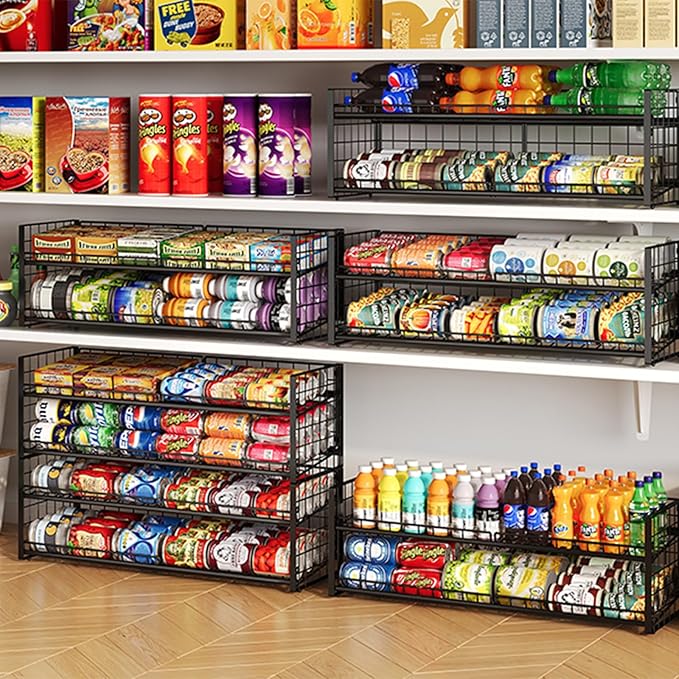 2-Pack Stackable Can Rack Organizer for Pantry, Stable Extra Long Storage for Kitchen Cabinet Cupboard, Rolling Can Holders for Canned Food, Dispenser for Snacks and Canned Soda