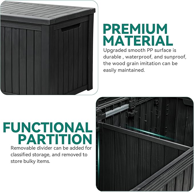 YITAHOME 180 Gallon Large Outdoor Storage XL Deck Box w/Divider for Patio Furniture,Outdoor Cushions, Garden Tools, Sports Equipment and Pool Supplies, Waterproof, Resin, Lockable, Black