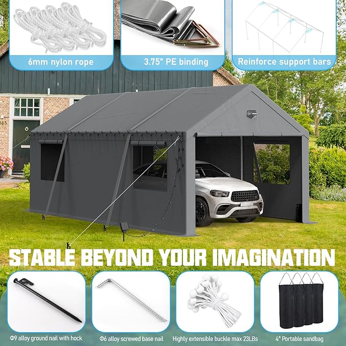 Carports Canopy Heavy Duty, Portable Garage with Sidewalls (12x20, Grey)