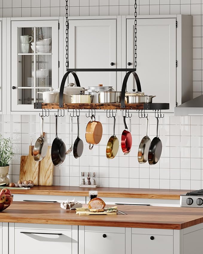 Hanging Pot Rack, Pot Hanger for Kitchen, Ceiling Mounted Pot Holder, Cookware Organizer with 24 S-Shaped Hooks, for Pot, Pan Storage, Space-Saving, Rustic Brown and Black TPR28BF