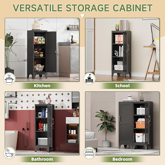 Metal Locker with Lock and 2 Adjustable Shelves, Small Storage Locker Cabinet with Detachable Legs for Office, School, Gym, Easy Assembly, Black
