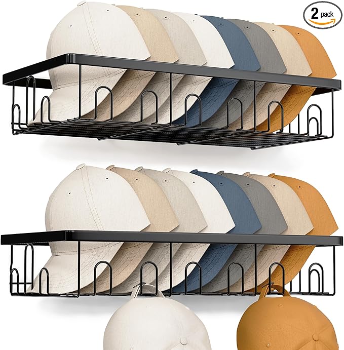 Hat Rack for Wall, 2 Pack Large Hat Organizer with More Hooks, Holds 56 Caps, Metal Wall Mounted Hat Holder for Baseball Caps, Closet Bedroom Kitchen Bathroom, Black