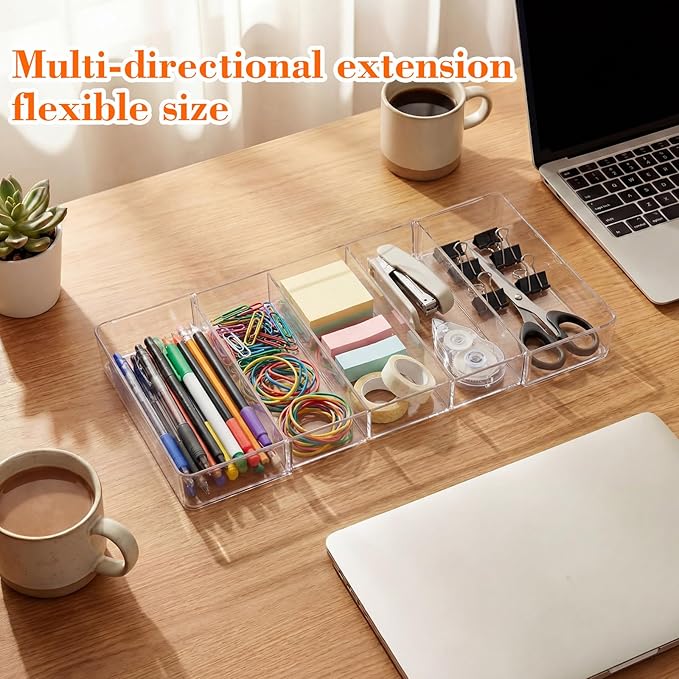 1 Pcs Large Expandable Acrylic Drawer Organizers, Grid Adjustable Drawer, Dividers Organizer for Desk, Makeup, Jewelry, Office, Kitchen Supplies (Clear,5 Compartments)