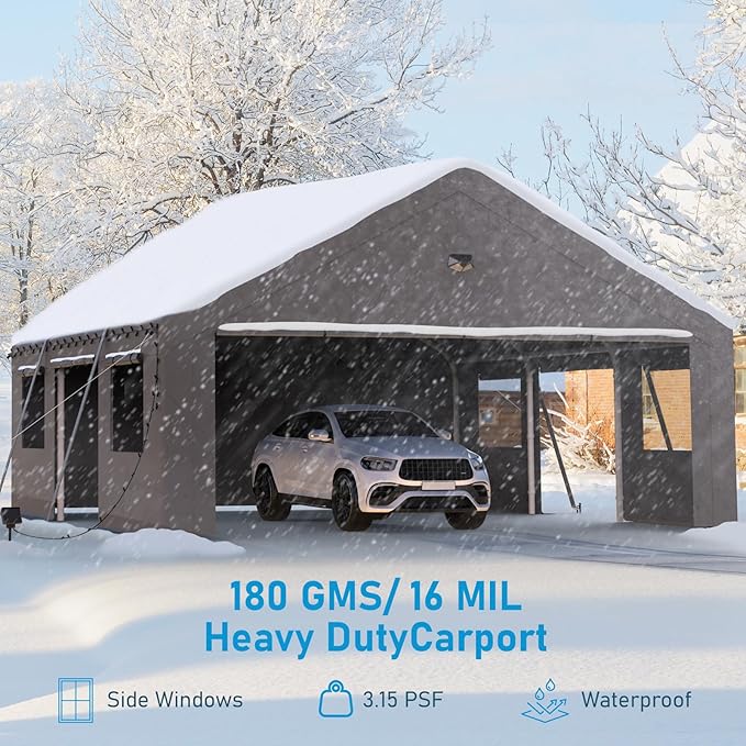 Carports Canopy Heavy Duty, Portable Garage with Sidewalls and Side Doors (20x20, Grey)